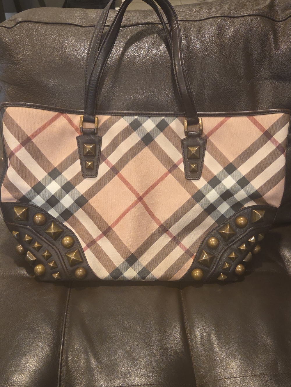 Burberry Haymarket Nova Check Studded Tote Bag Brown Leather Plaid